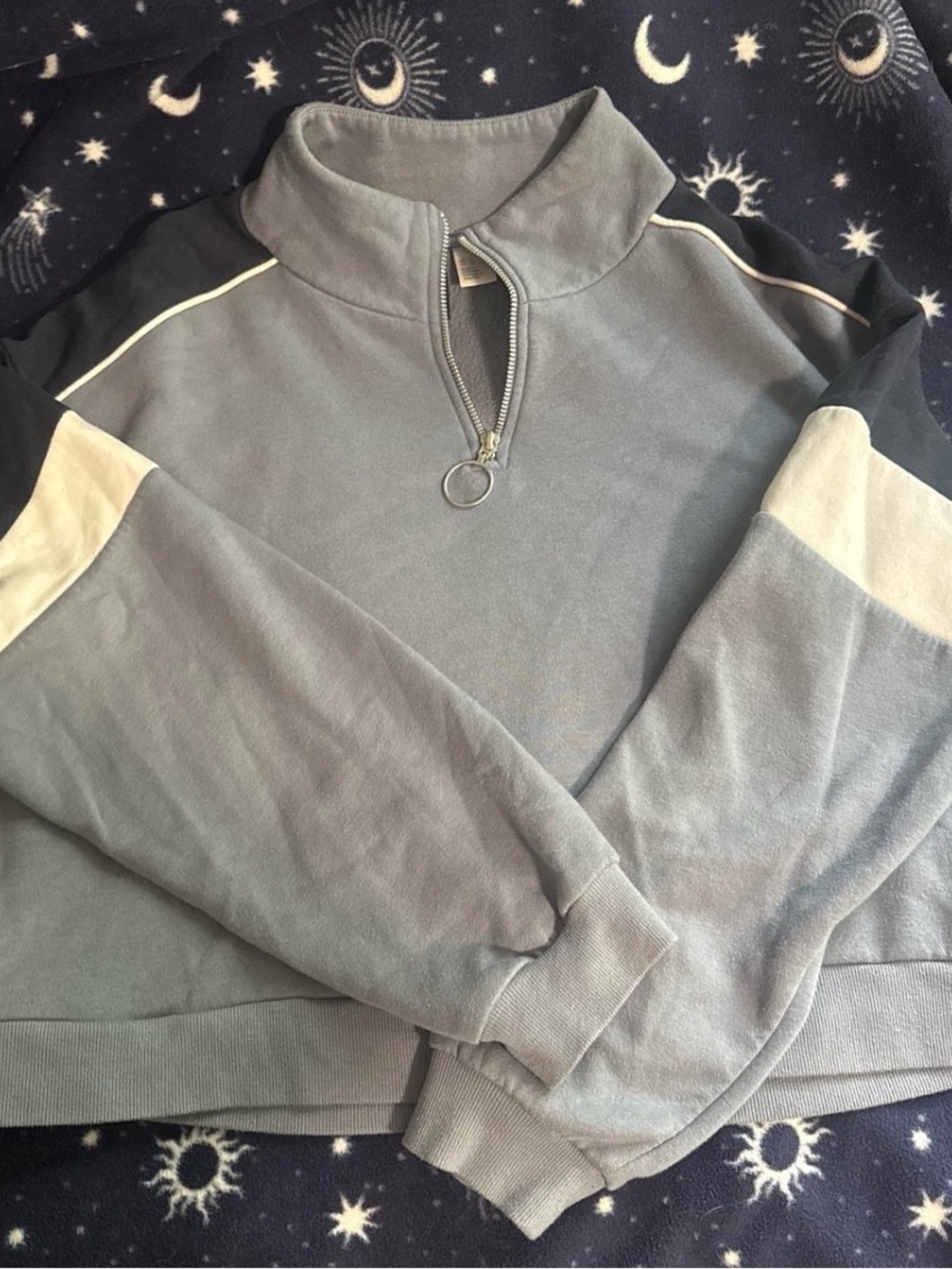 Light blue color block quarter zip sweatshirt